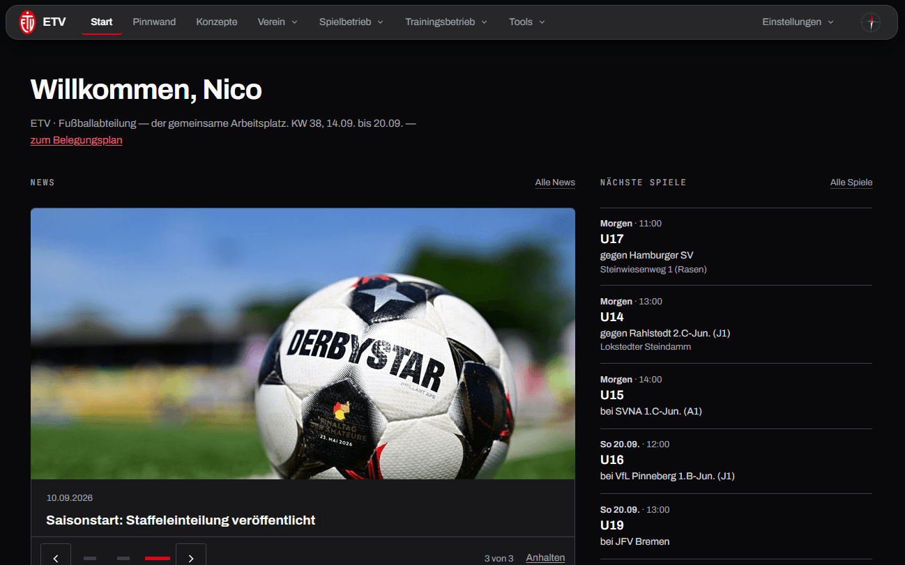 ClubCompass: Startseite mit News, Trainingswochen-Punktestand und nächsten Spielen