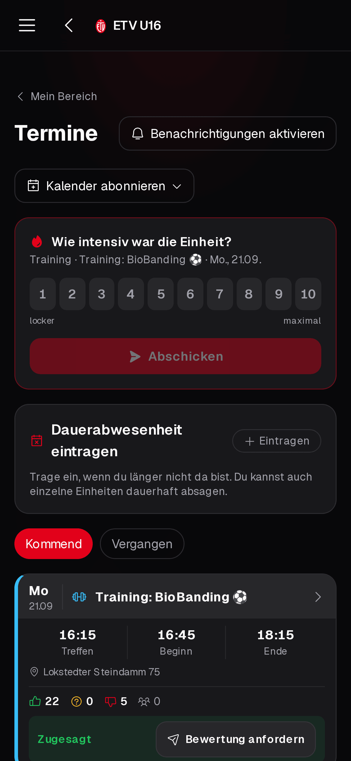 TeamCompass: Termine in der Spieler-App mit Intensitäts-Abfrage und nächstem Training